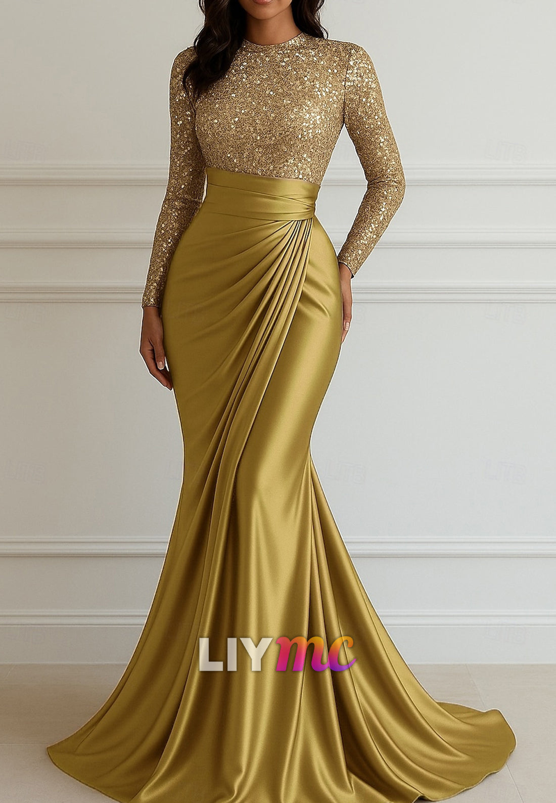 Sequin Mermaid Evening Gown Elegant Dress Formal Wedding Floor Length Long Sleeve