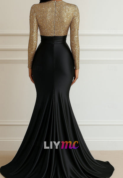 Sequin Mermaid Evening Gown Elegant Dress Formal Wedding Floor Length Long Sleeve