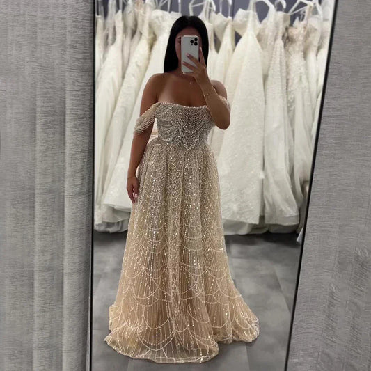 Nude A-Line Evening Gown with Pearl Beading