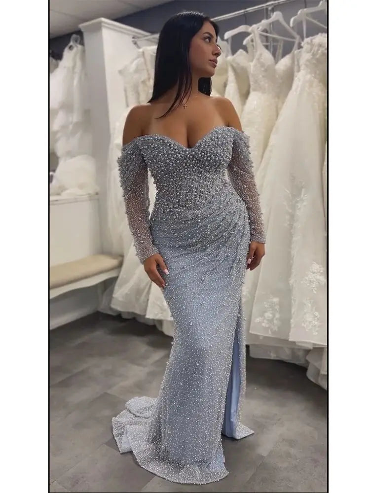 Luxury Dubai Blue Beaded Mermaid Evening  Dresses Formal Party Gowns
