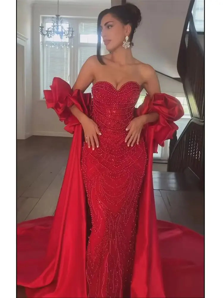 Red Long Cape Pearls Beaded Mermaid Evening Dress Gown