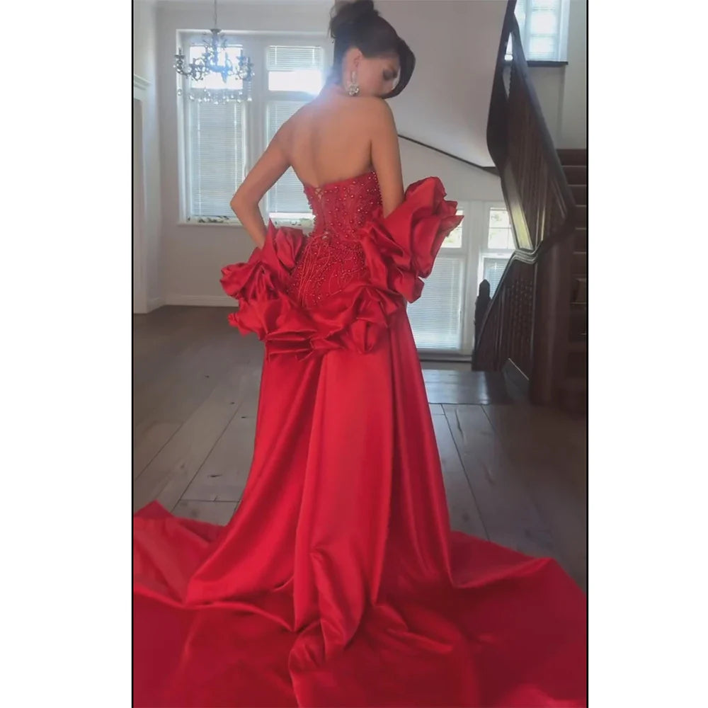 Red Long Cape Pearls Beaded Mermaid Evening Dress Gown