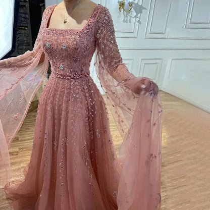 Luxury Designer Pink Dubai Evening Dress With Cape