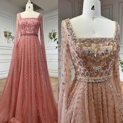 Luxury Designer Pink Dubai Evening Dress With Cape