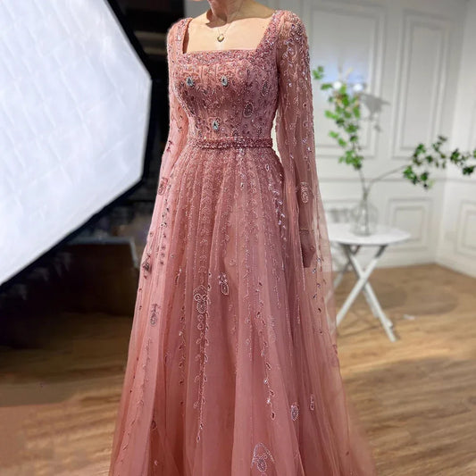 Luxury Designer Pink Dubai Evening Dress With Cape