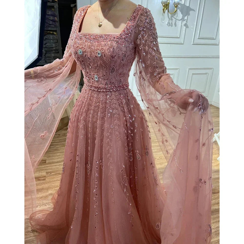 Luxury Designer Pink Dubai Evening Dress With Cape