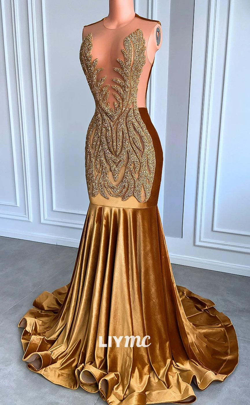 LP1444 - Sexy Low V-Neck Beaded Pleated Ruched Mermaid Prom Dress for Black Girl Slay