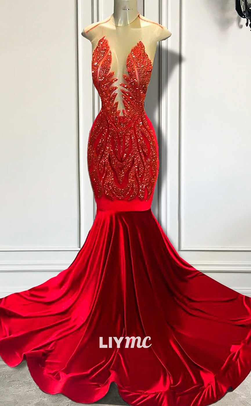 LP1444 - Sexy Low V-Neck Beaded Pleated Ruched Mermaid Prom Dress for Black Girl Slay