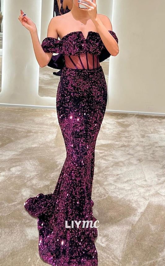 LP1845 - Sexy Off-Shoulder Sequins Sheer Sheath Mermaid Sparkly Prom Dress