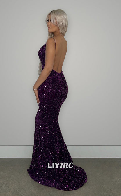 LP1275 - Sexy Spaghetti Straps V-Neck Sequins Sparkly Prom Dresses for Black Girls Classy