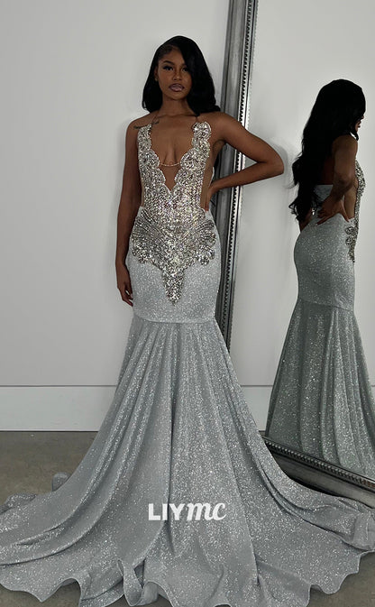 LP1277 -Sexy V-Neck Appliques Sparkly Mermaid Prom Dresses for Black Girls Classy