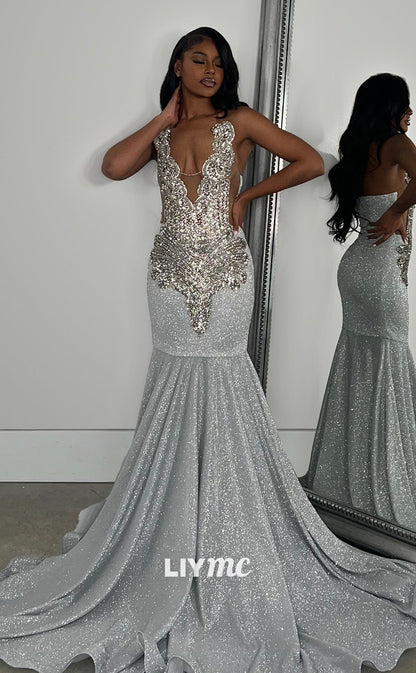 LP1277 -Sexy V-Neck Appliques Sparkly Mermaid Prom Dresses for Black Girls Classy