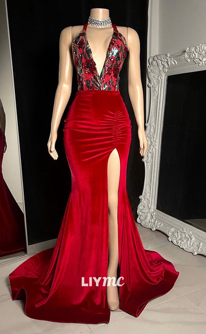 LP1409 - Sexy V-Neck Lace-Up Appliques Pleated Ruched Satin Mermaid Prom Dress for Black Girls