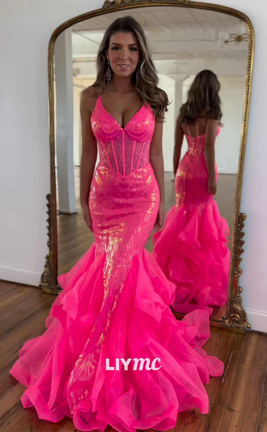 LP1252 -  Sexy V-Neck Mermaid Sequins Brush Train Sparkly Prom Dresses