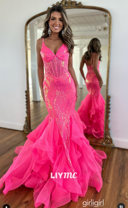 LP1252 -  Sexy V-Neck Mermaid Sequins Brush Train Sparkly Prom Dresses