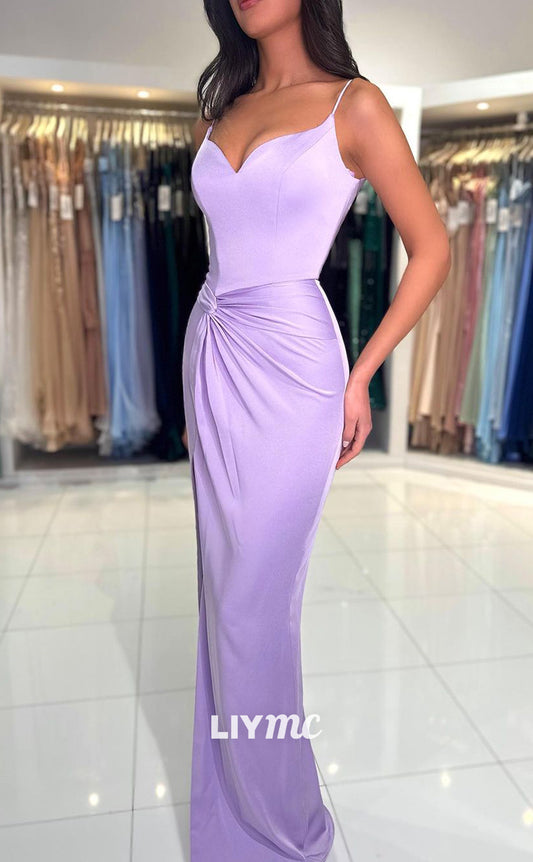 LP1348 - Sexy & Hot Column Sheath V Neck Straps Ruched Prom Party Dress with Slit