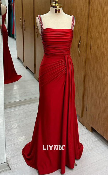 LP1345 - Sexy & Hot Square Straps Sleeveless Red Stain Runched Long Prom Evening Gown