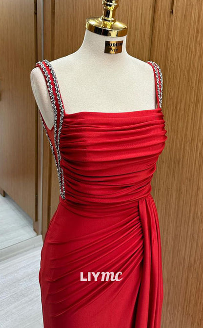 LP1345 - Sexy & Hot Square Straps Sleeveless Red Stain Runched Long Prom Evening Gown