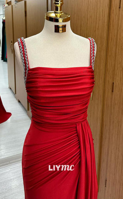 LP1345 - Sexy & Hot Square Straps Sleeveless Red Stain Runched Long Prom Evening Gown