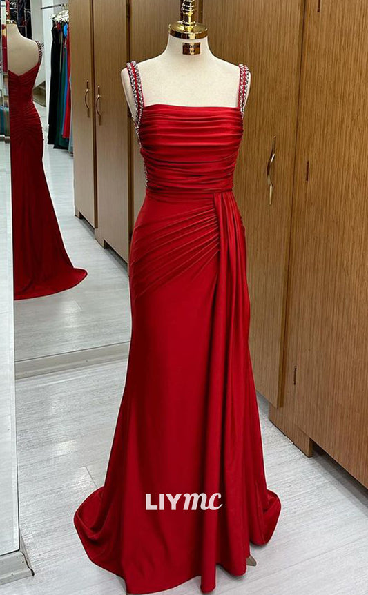 LP1345 - Sexy & Hot Square Straps Sleeveless Red Stain Runched Long Prom Evening Gown