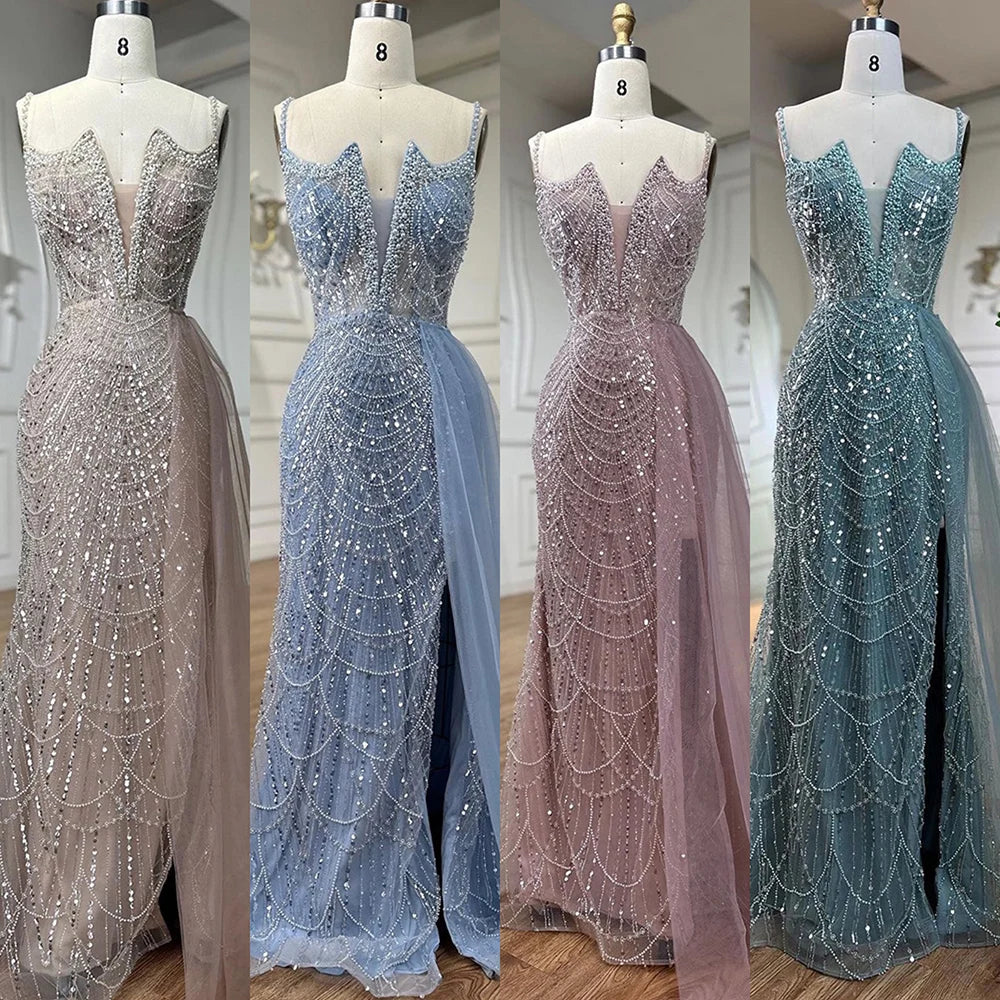 Nude Mermaid Spaghetti Straps Beaded Evening Gown