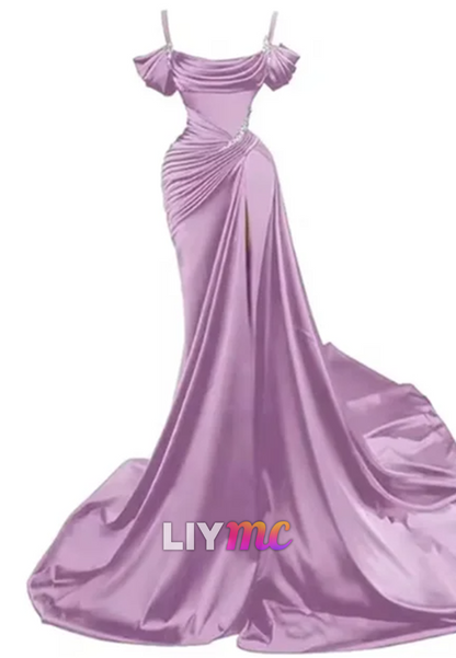 LP595 - Mermaid/Trumpet Off Shoulder Pleated Satin Long Prom Evening Dress With Slit