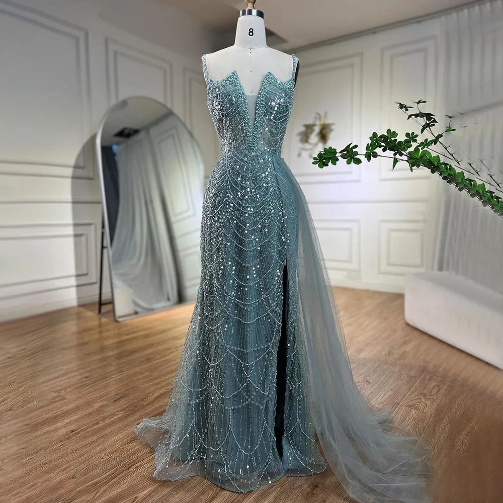 Nude Mermaid Spaghetti Straps Beaded Evening Gown