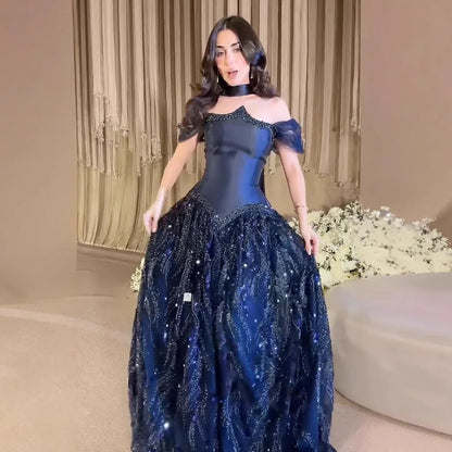Luxury Arabic Navy A-Line Evening Dress with Beaded