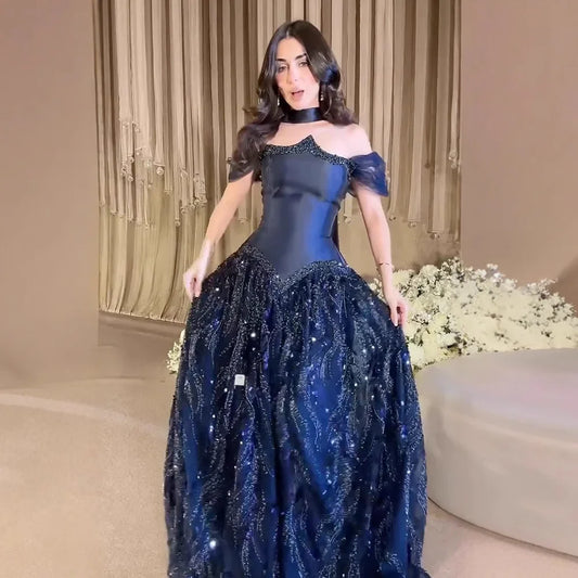 Luxury Arabic Navy A-Line Evening Dress with Beaded