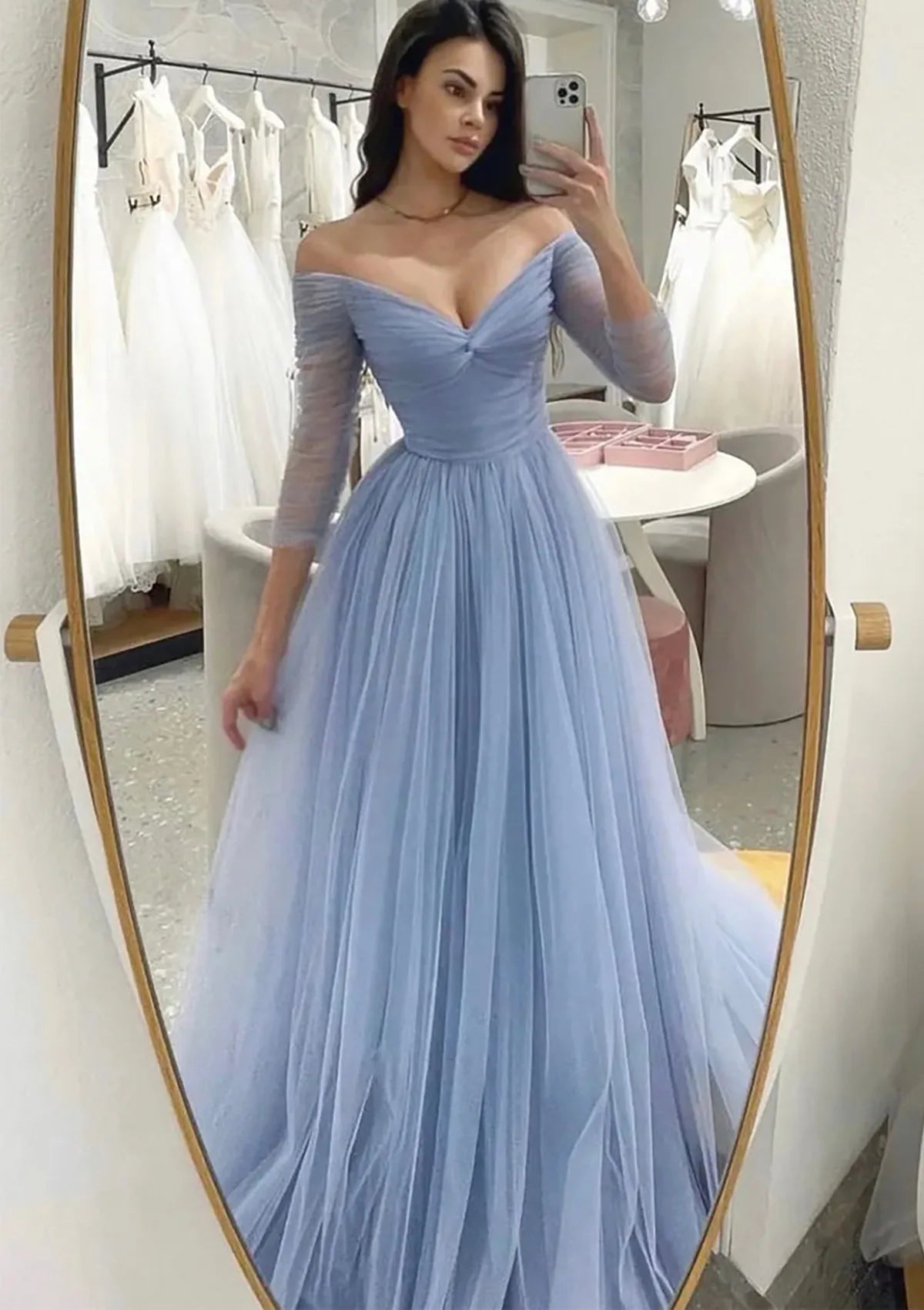 Blue A-Line Off-the-Shoulder Tulle Prom Dress with Pleats for Women's Party