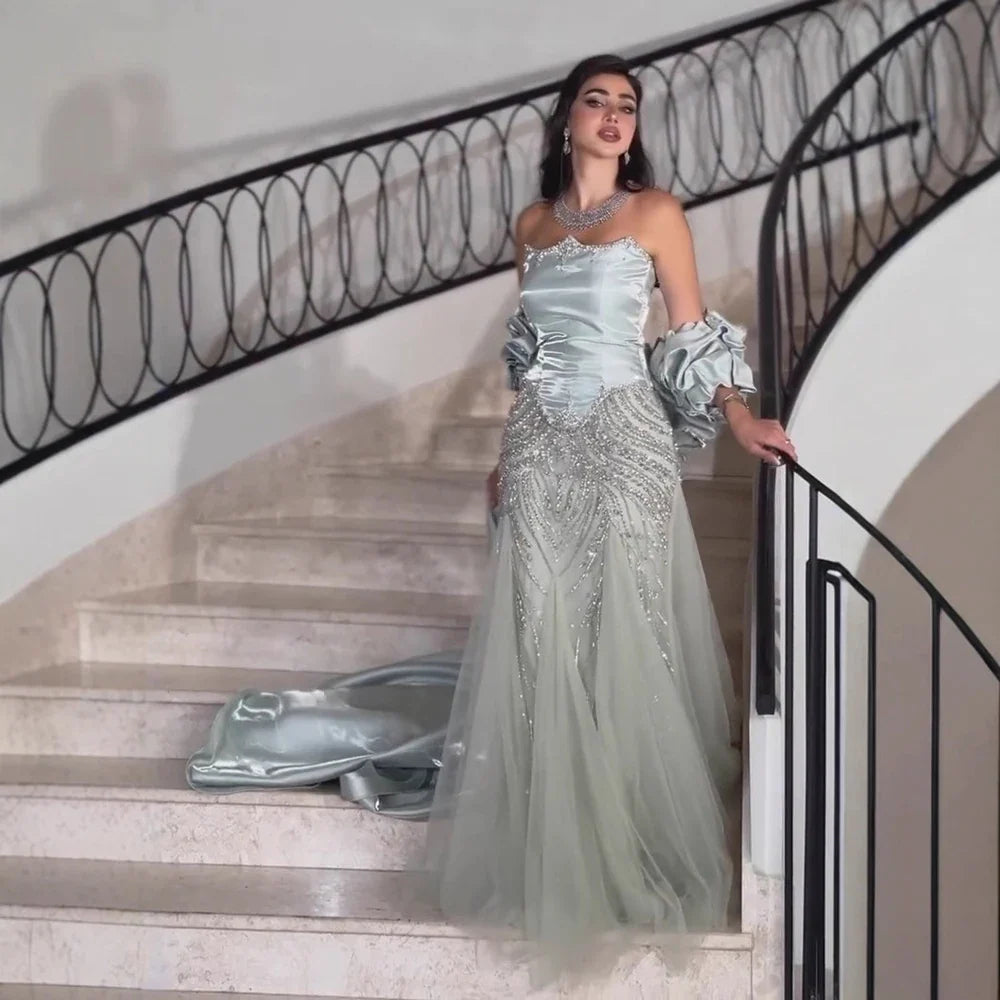 Luxury Sage Green Beaded Mermaid Evening Dress with Balloon Sleeves