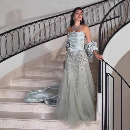 Luxury Sage Green Beaded Mermaid Evening Dress with Balloon Sleeves