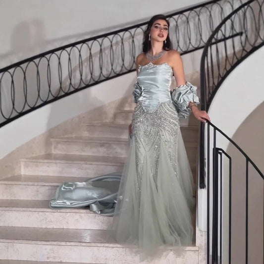 Luxury Sage Green Beaded Mermaid Evening Dress with Balloon Sleeves