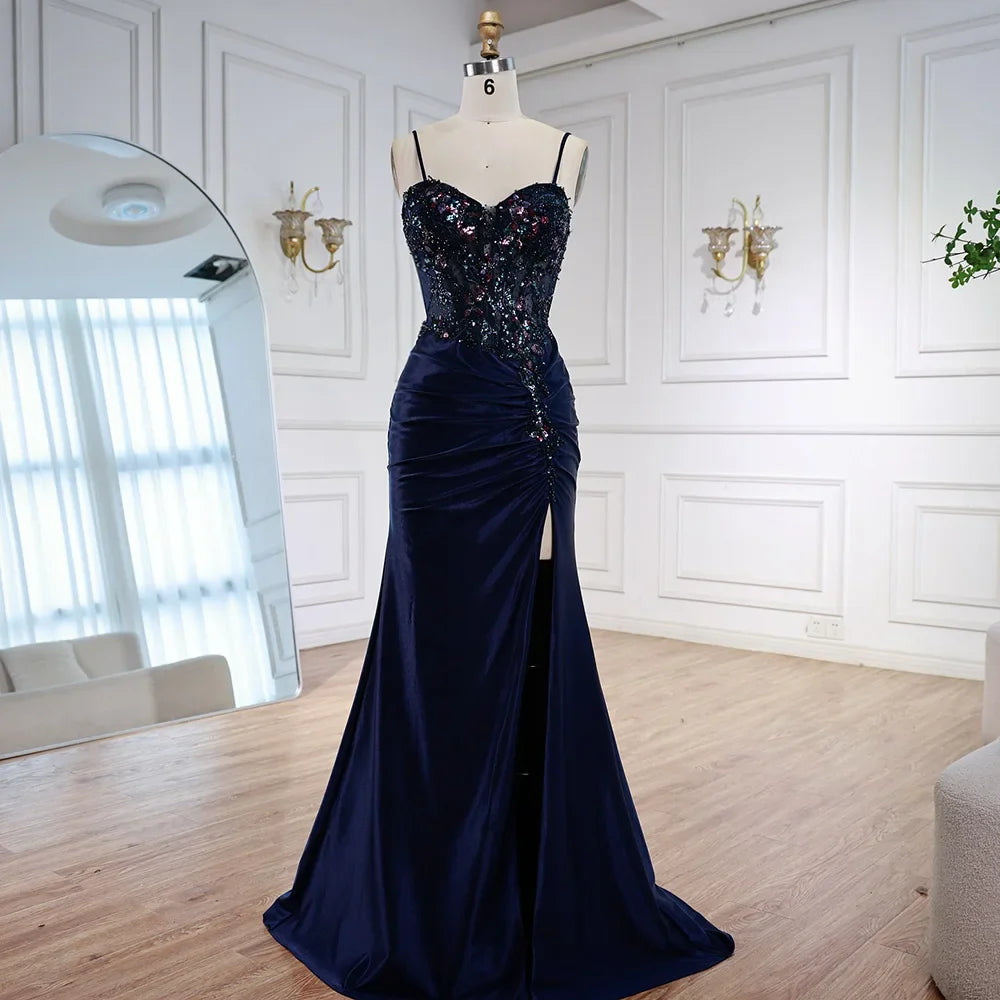 Classy Navy Satin Prom Dress with Lace Beaded and Slit – Liymc
