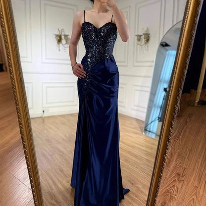 Classy Navy Satin Prom Dress with Lace Beaded and Slit