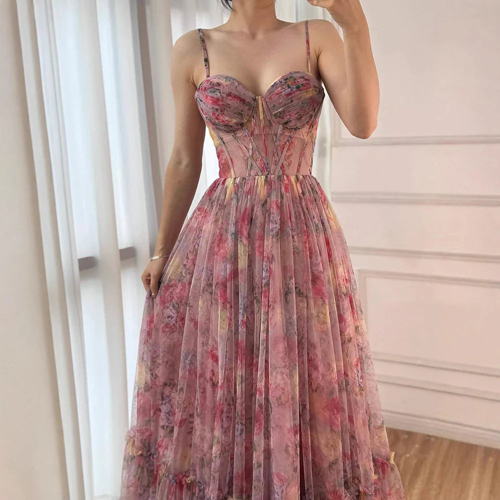 Pink A-Line Tulle Printed Ruffle Tiered Prom Dress