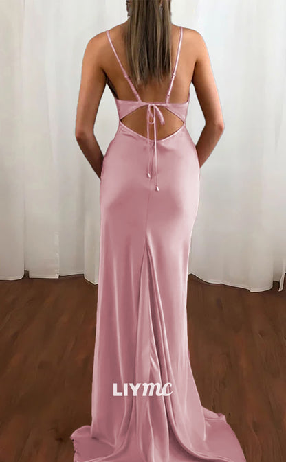 LP1871 - Sheath Column Cowl Neck Spaghetti Straps Sweep Train Satin Prom Dress