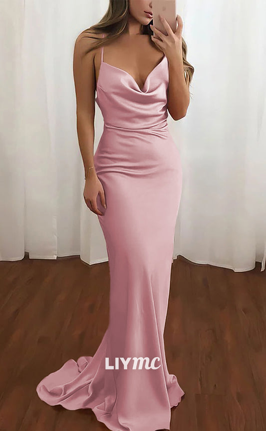 LP1871 - Sheath Column Cowl Neck Spaghetti Straps Sweep Train Satin Prom Dress