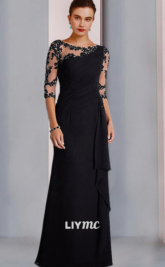 M1024 - Column Mother of the Bride Dress Formal Wedding Guest Elegant Jewel Neck Floor Length Chiffon Lace 34 Length Sleeve with Beading Appliques