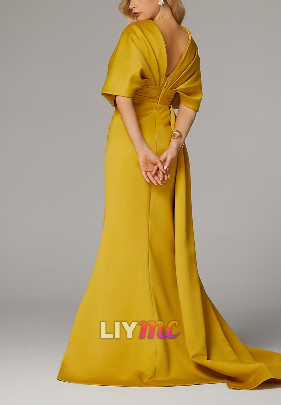 Sheath Evening Gown Elegant Dress Formal  Half Sleeve Floor Length V Neck Satin with Pleats Ruche