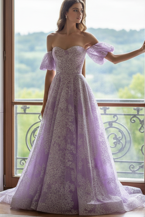 Straight Across Puff Sleeves Appliques A-Line Prom Dress