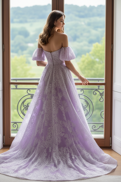 Straight Across Puff Sleeves Appliques A-Line Prom Dress