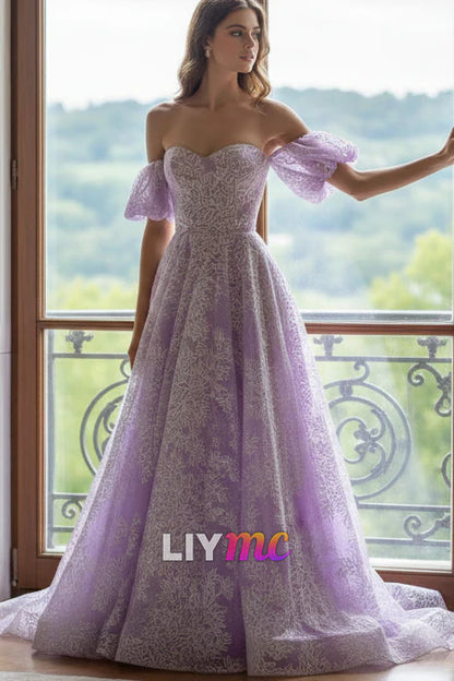 Straight Across Puff Sleeves Appliques A-Line Prom Dress