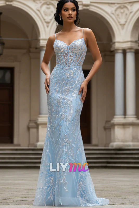 V-Neck Spaghetti Straps Appliques Mermaid Prom Dress