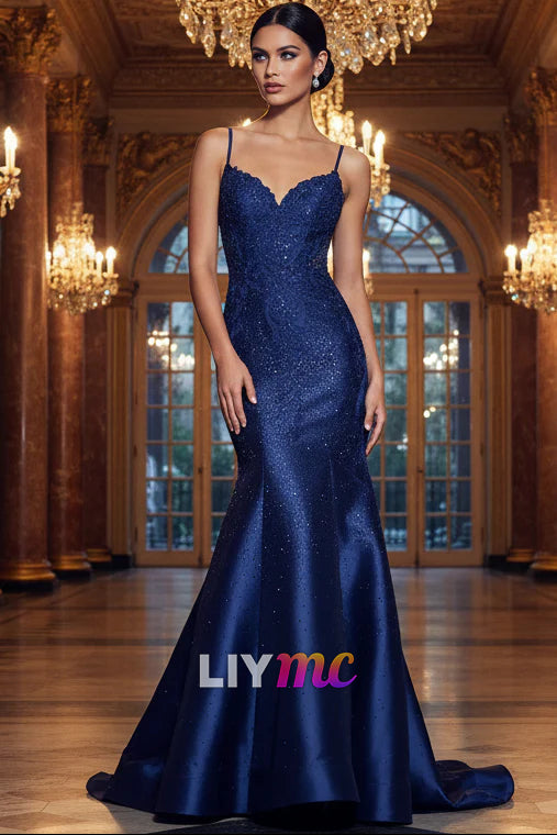 V-Neck Beaded Sparkly Mermaid Prom Dress