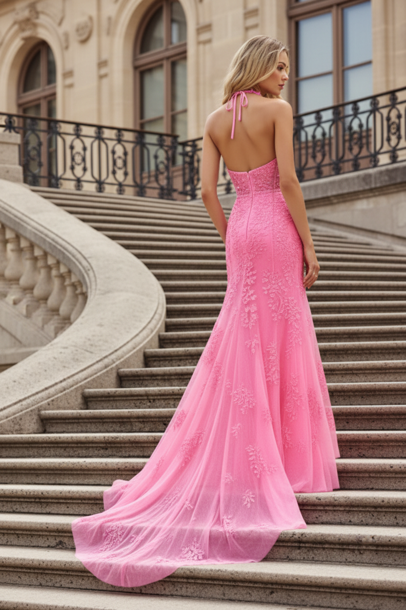 Halter V-Neck  Lace Appliques Sheath Prom Dress