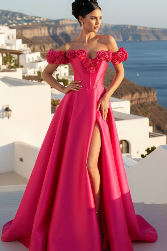 Off-Shoulder Floral Satin A-Line Prom Dress