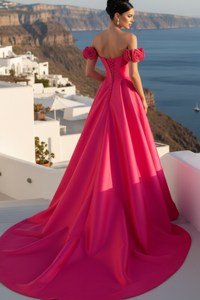 Off-Shoulder Floral Satin A-Line Prom Dress