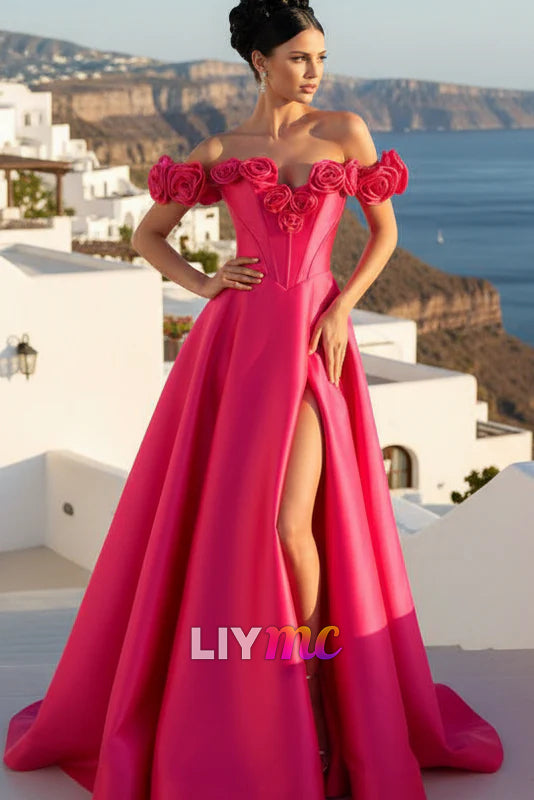 Off-Shoulder Floral Satin A-Line Prom Dress