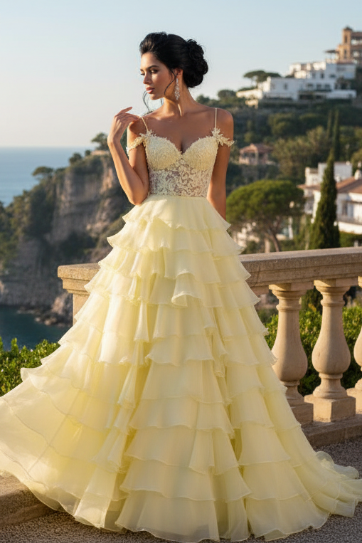 Sweetheart Lace Appliques Tiered Chiffon A-Line Prom Dress